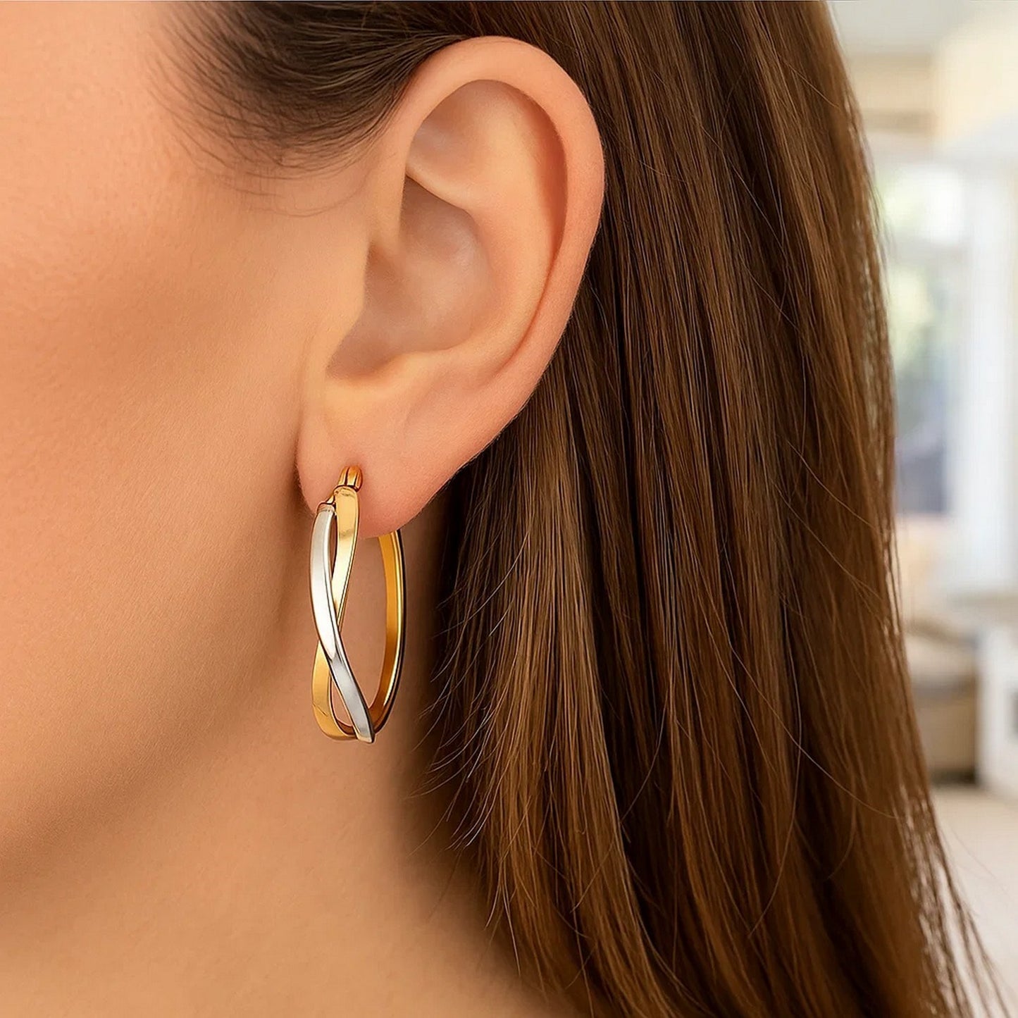 14k Two-Tone Gold Twisted Style Polished Hoop Earrings