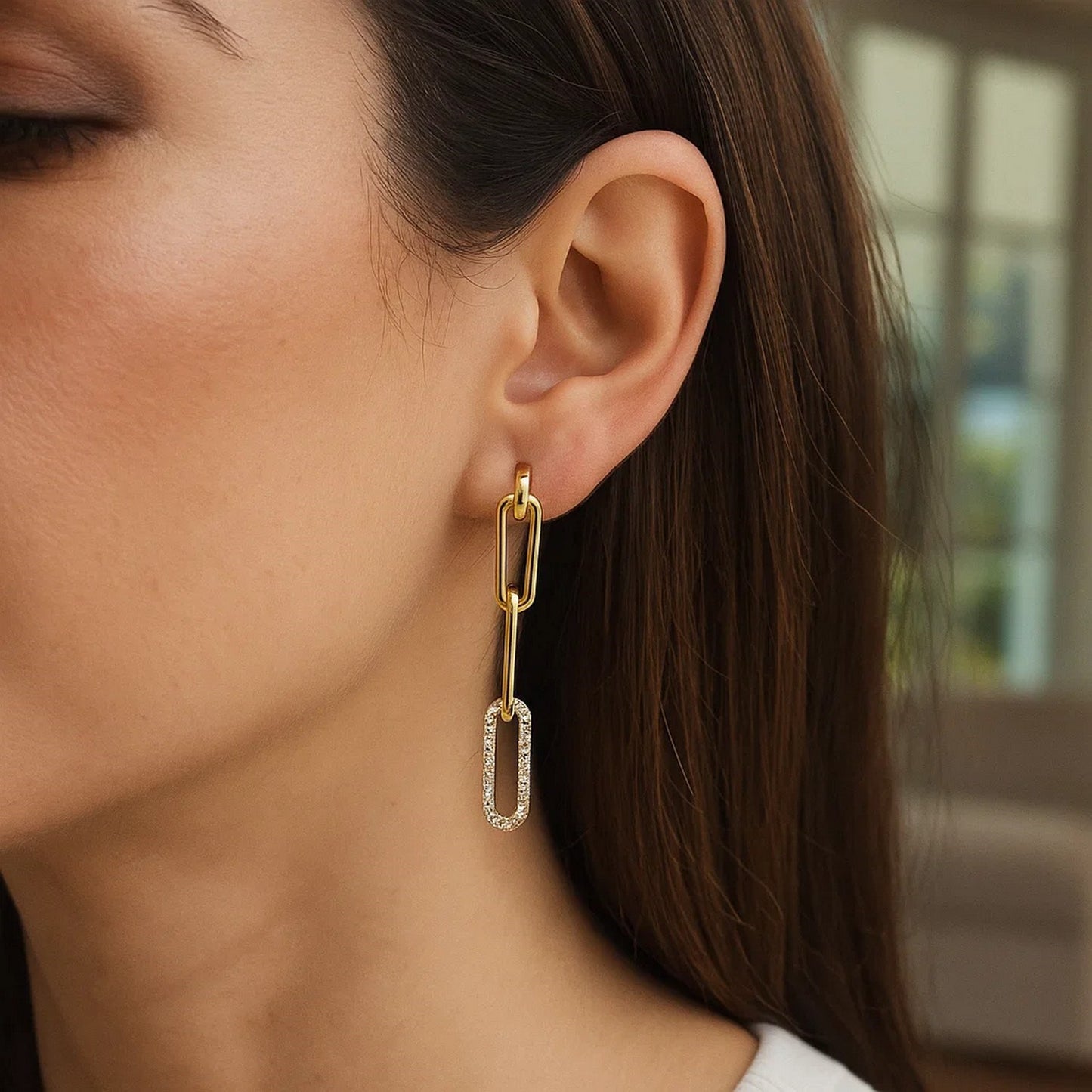 14k Yellow Gold Paperclip Chain Dangle Earrings with Diamonds