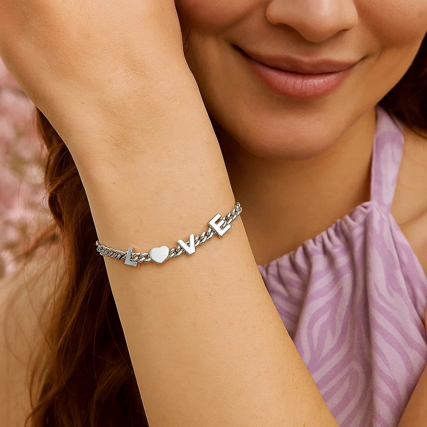 Sterling Silver Rhodium Plated Love Chain Bracelet