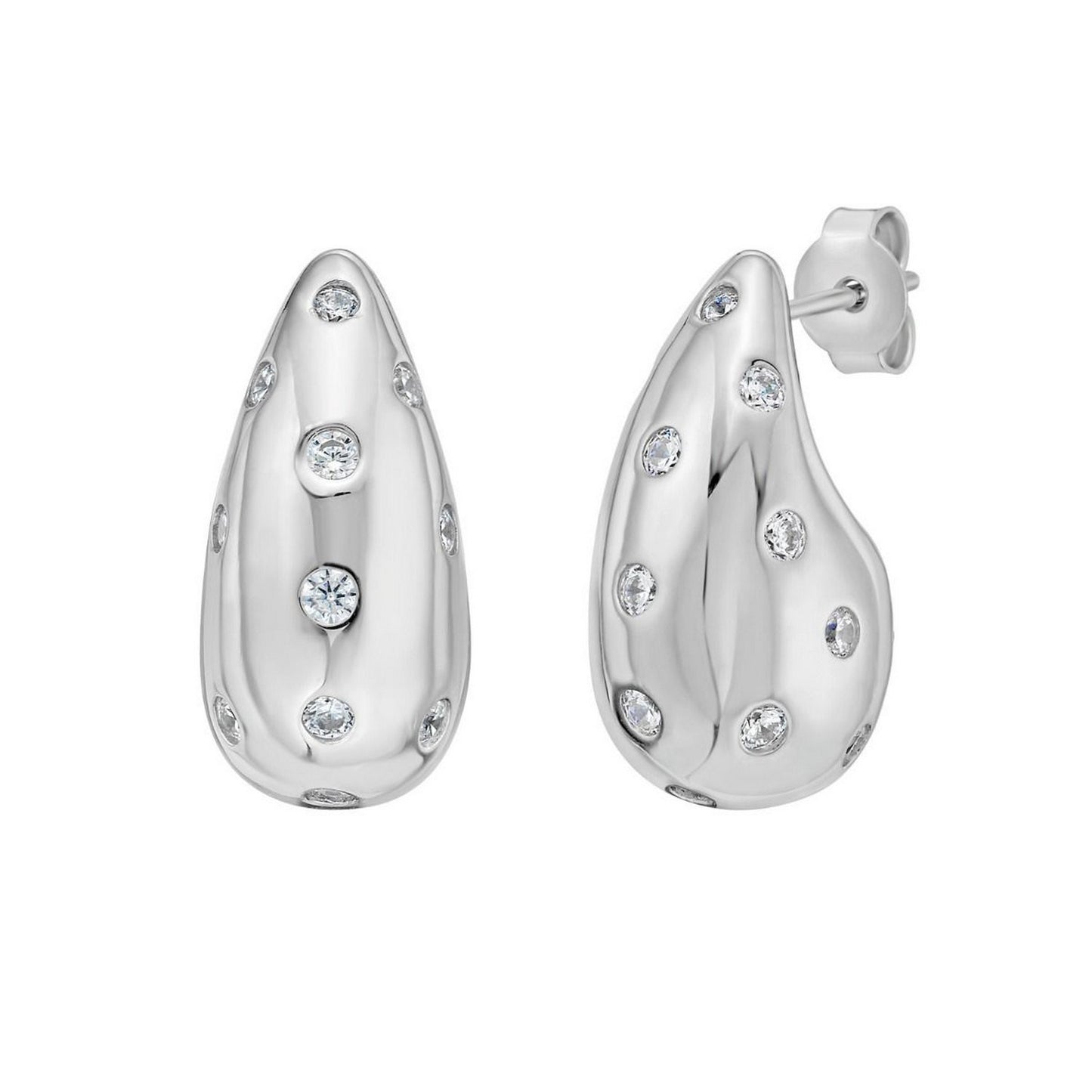 Sterling Silver Puffed Raindrop with Cubic Zirconia Stones Earrings