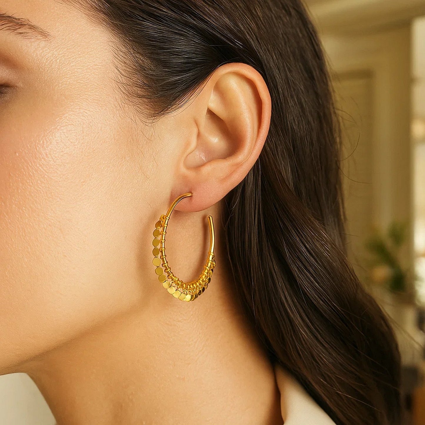 14k Yellow Gold Hoop Style Earrings with Dangling Sequins(1.5x30mm)
