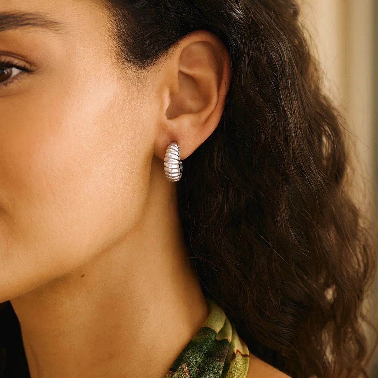 Sterling Silver Rhodium Plated Small Ribbed Twisted Hoop Earrings