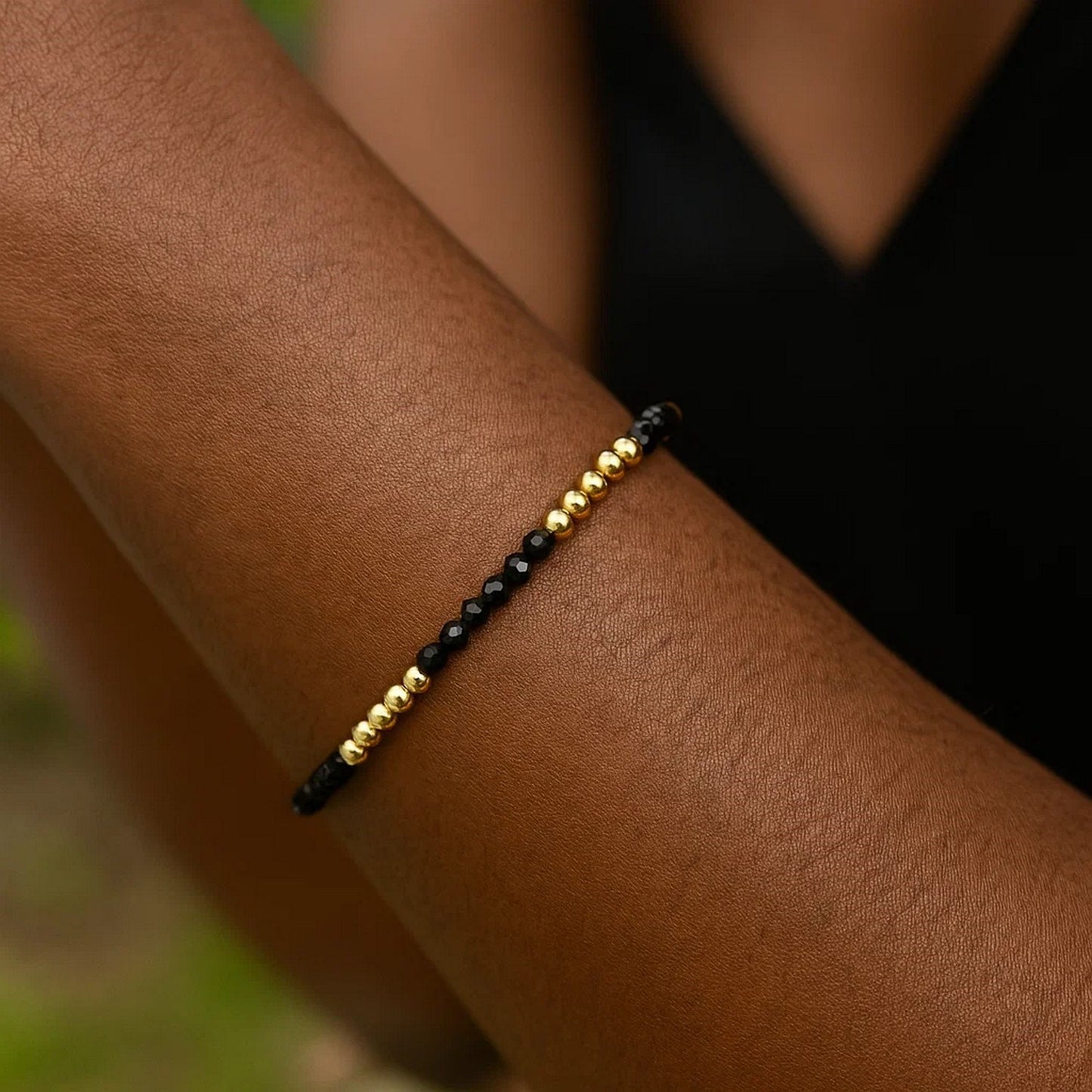 14K Yellow Gold And Onyx Pallina Bead Bracelet (3.00 mm)