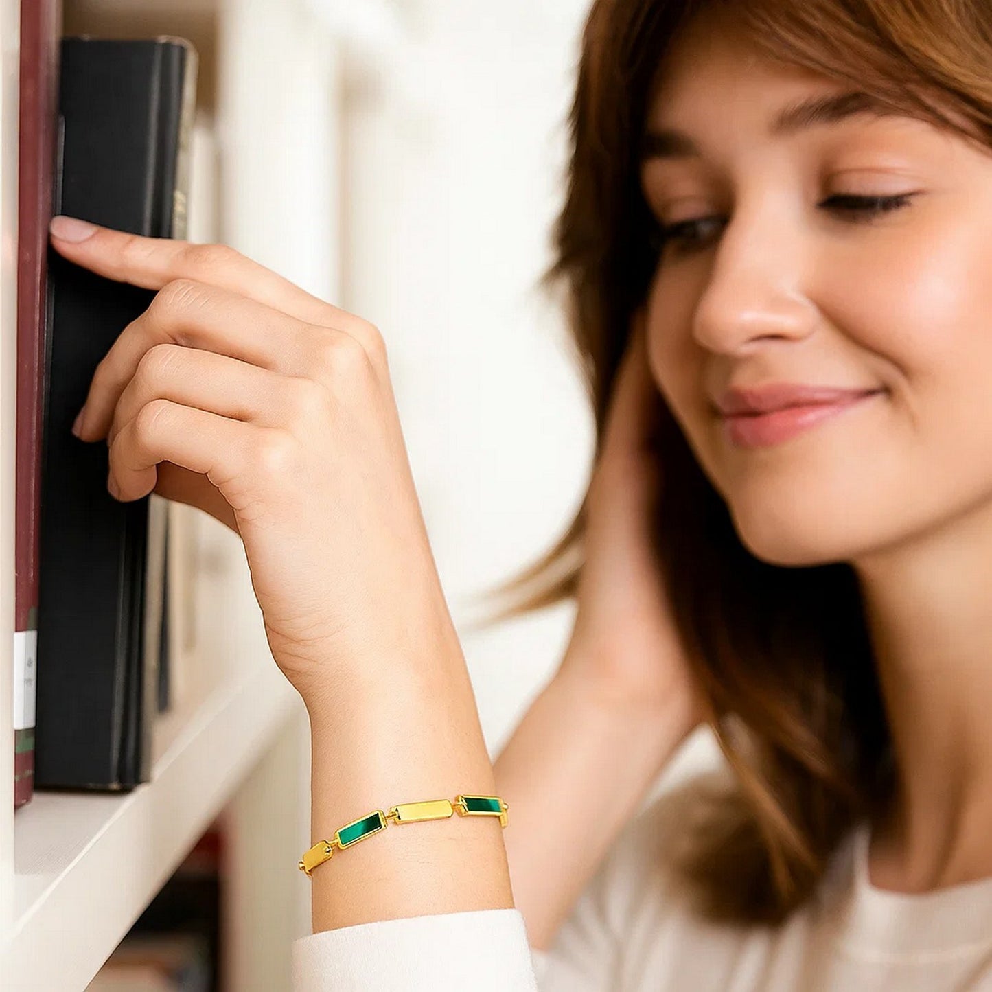 14K Yellow Gold Malachite Rectangle Links Bracelet (3.50 mm)