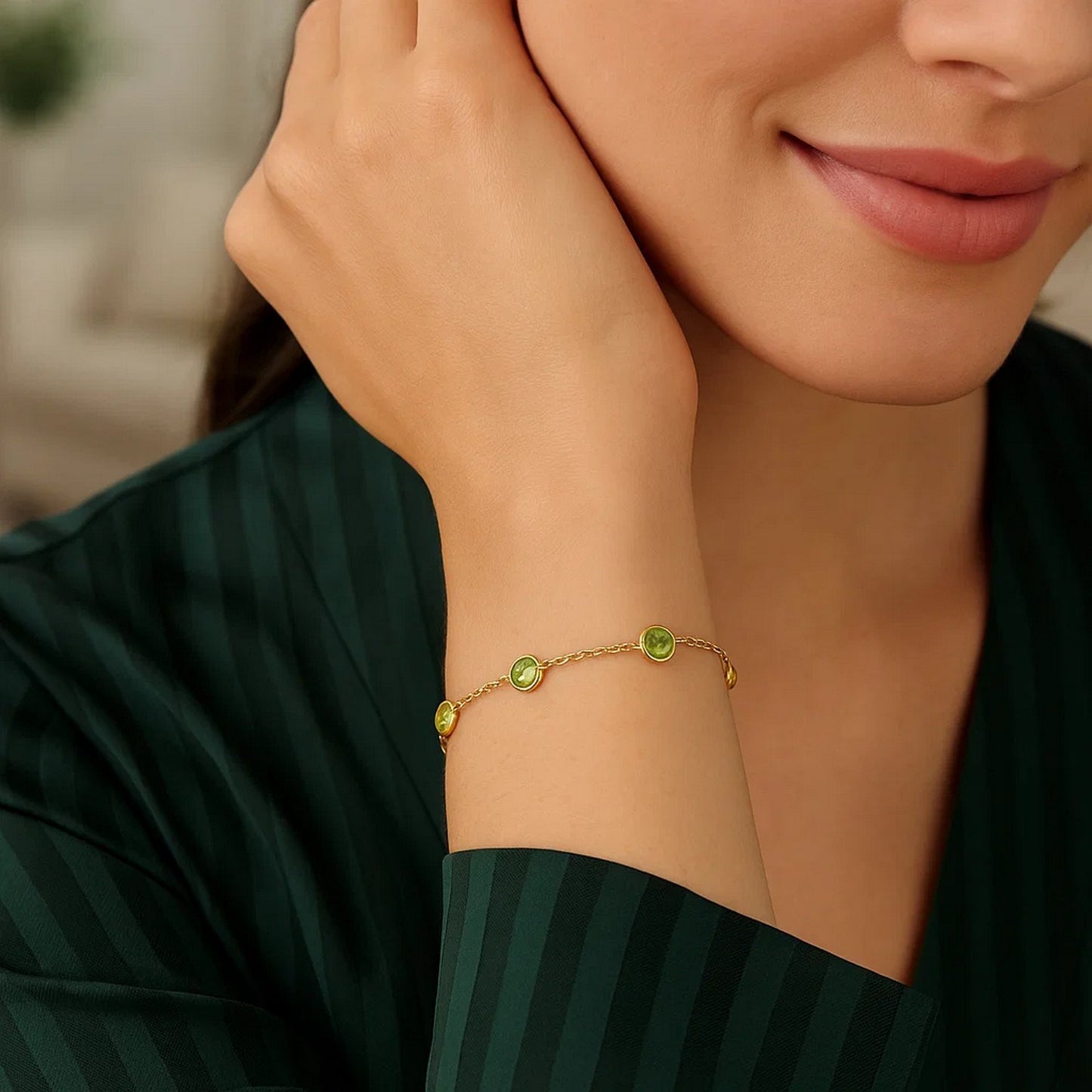 14K Yellow Gold Peridot Station Bracelet
