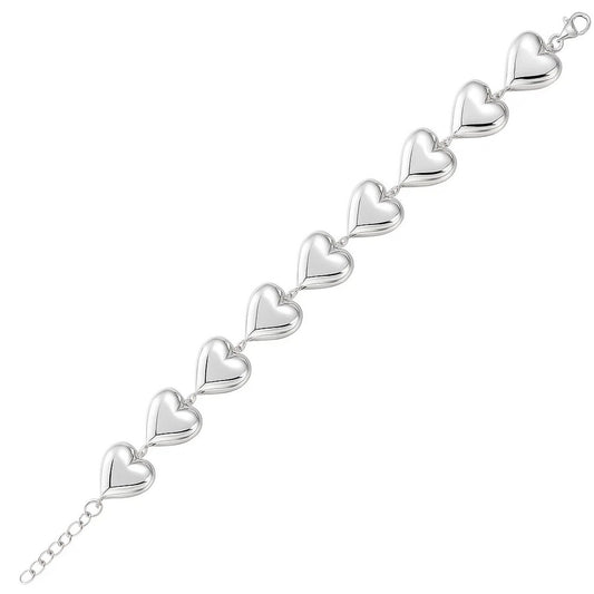 Sterling Silver Rhodium Plated Puffed Hearts Bracelet