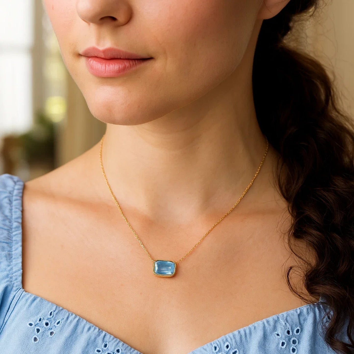 14K Yellow Gold Emerald Cut Blue Topaz Necklace