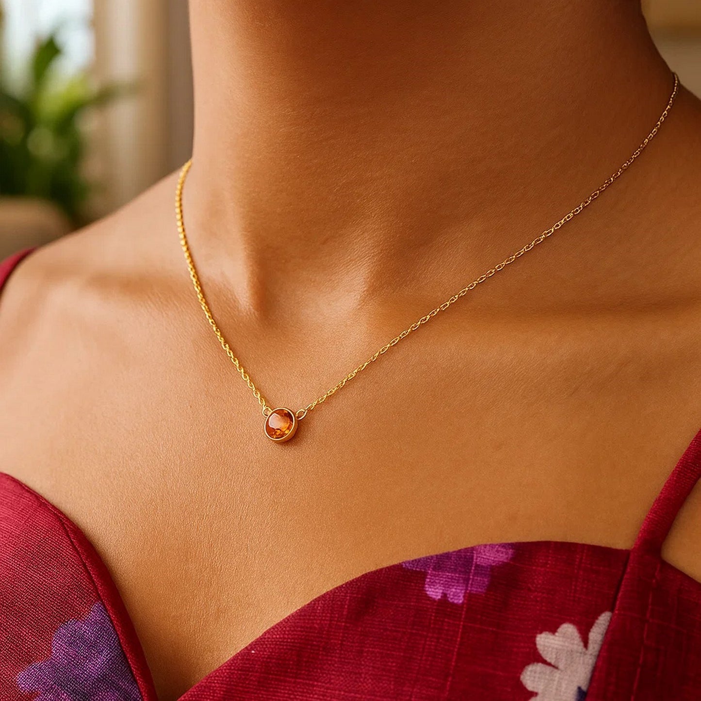 14k Yellow Gold 17 inch Necklace with Round Citrine