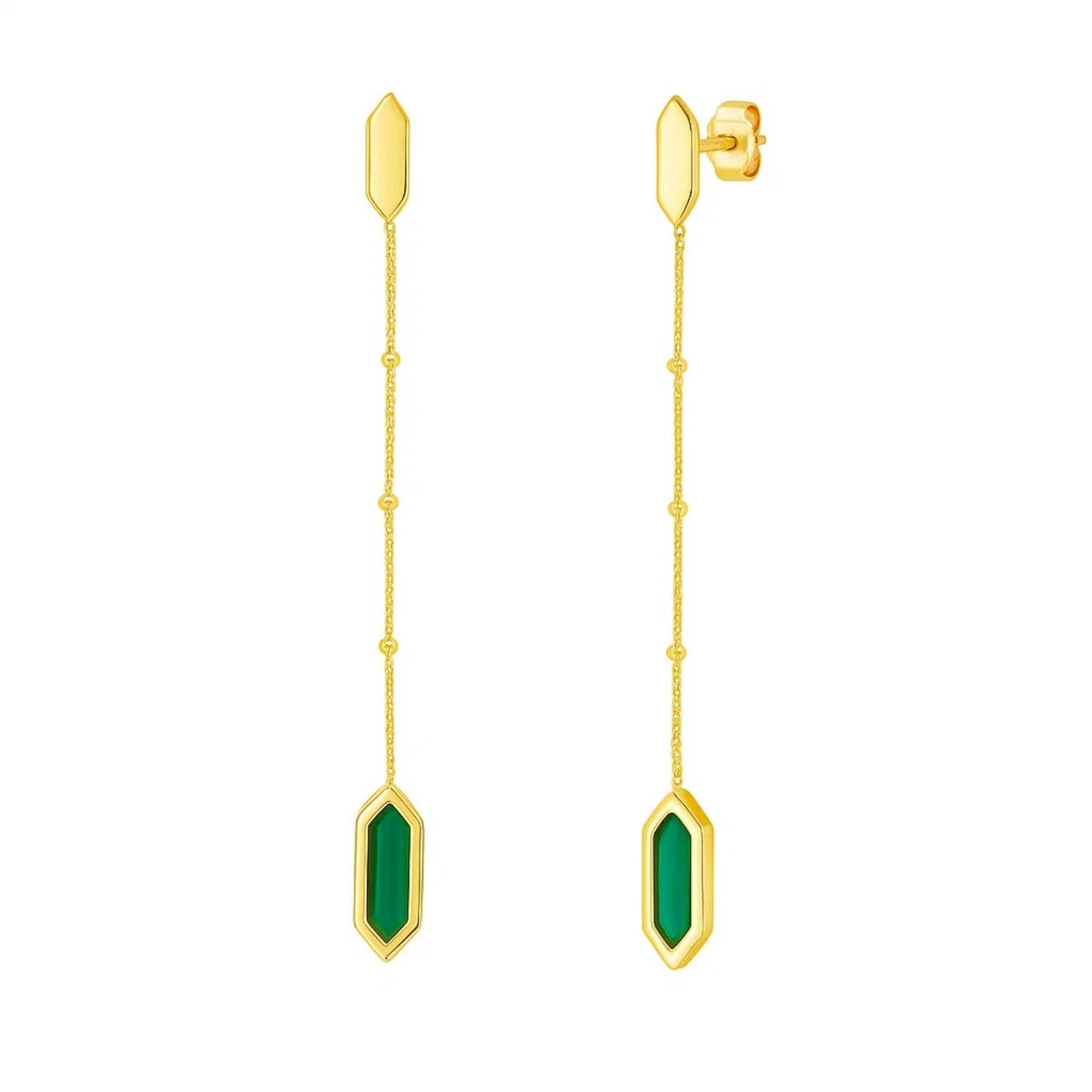 14K Yellow Gold Hexagon Malachite Drop Earrings