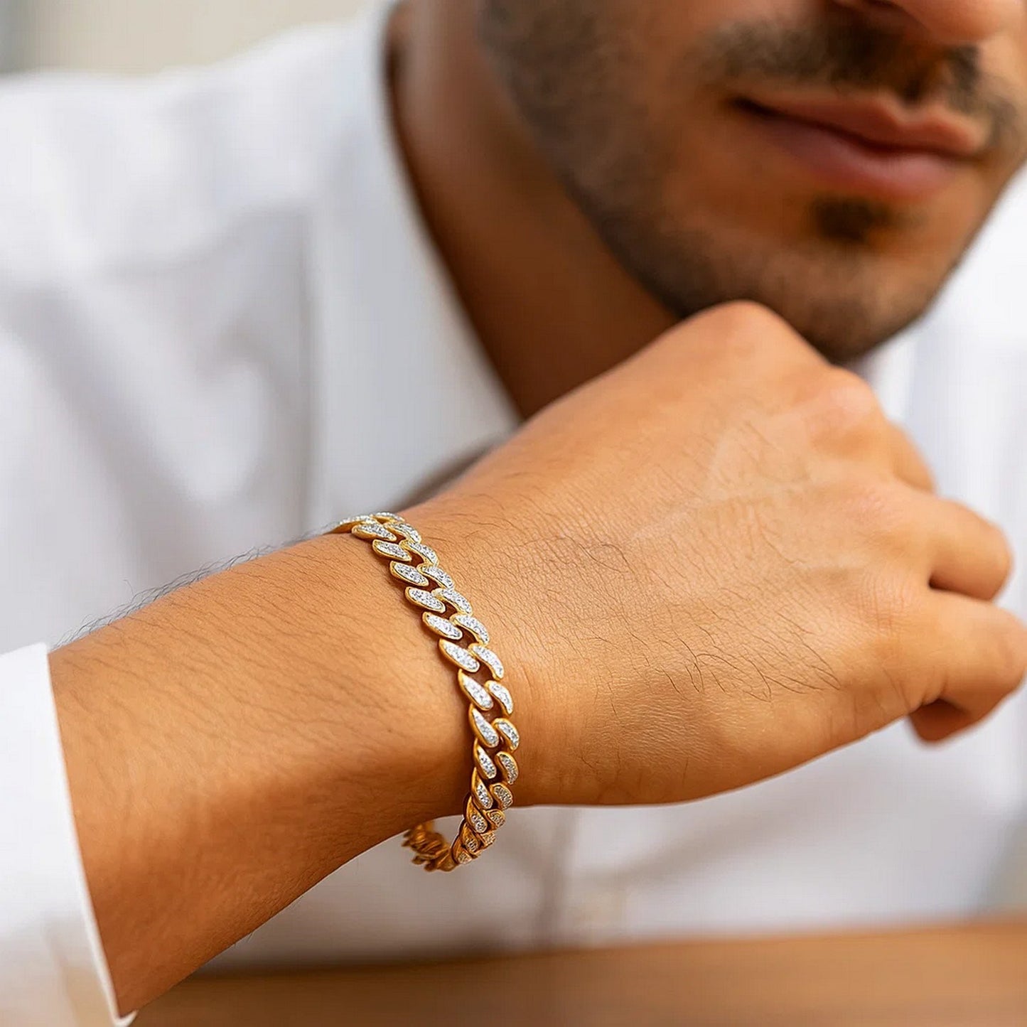 14k Two Tone Gold Curb Chain Bracelet with Diamond Pave Links (9.50 mm)