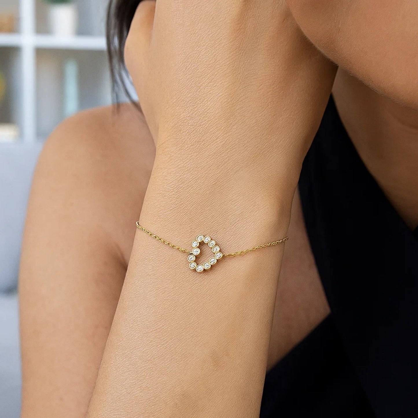 Elegant 14k Yellow Gold Petite Diamond Heart Bracelet