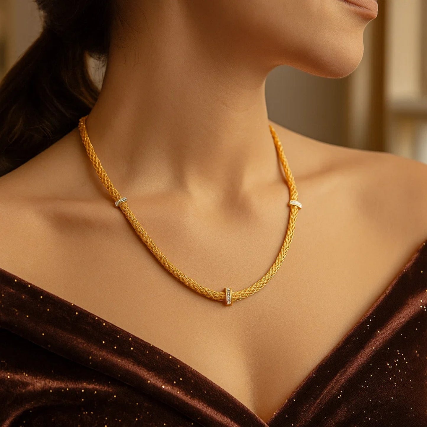 Woven Rope Necklace with Diamond Accents in 14k Yellow Gold