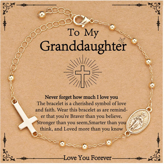 Catholic First Communion Confirmation Gifts for Teen Girls,Rosary Beads Virgin Mary Cross Charm Link Adjustable 6-8 Inch Chain Silver Bracelet Religious Baptism Jewelry Gift for Teenage Girl