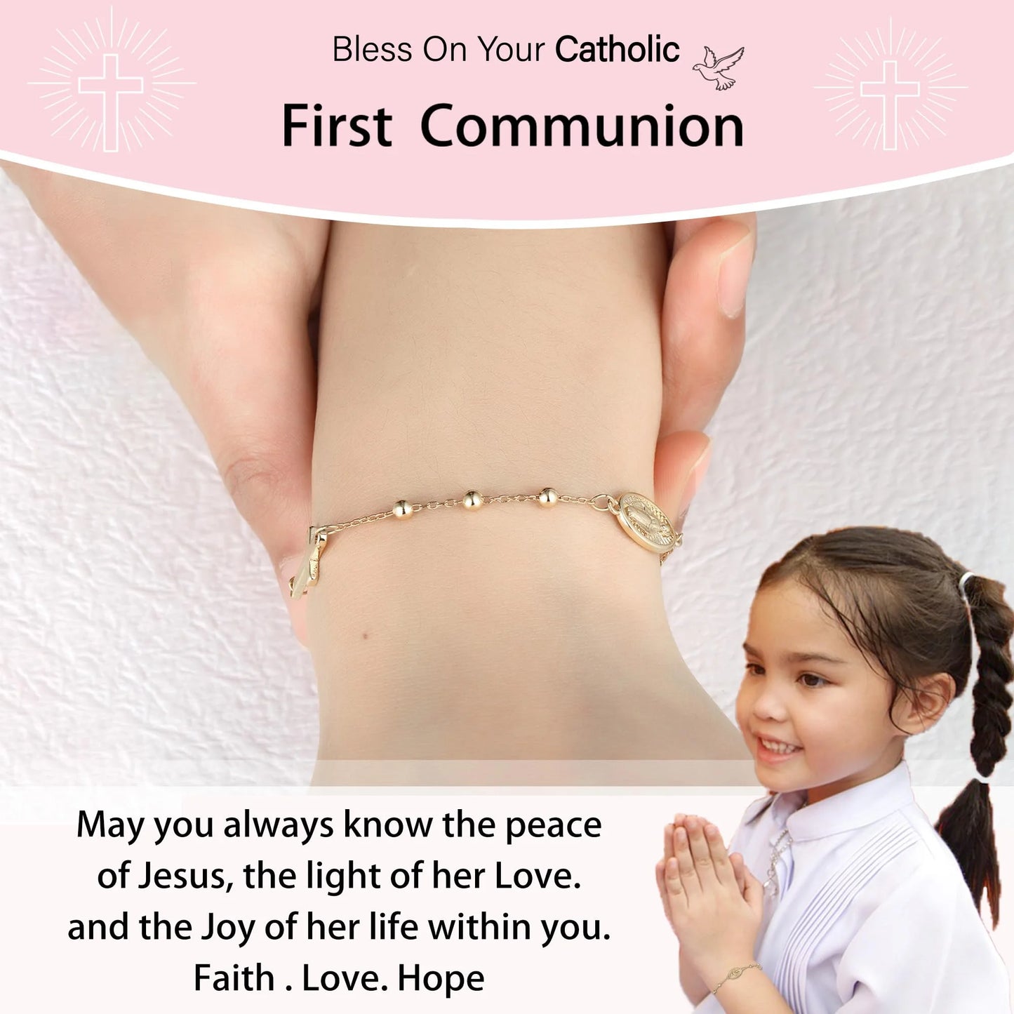 Catholic First Communion Confirmation Gifts for Teen Girls,Rosary Beads Virgin Mary Cross Charm Link Adjustable 6-8 Inch Chain Silver Bracelet Religious Baptism Jewelry Gift for Teenage Girl