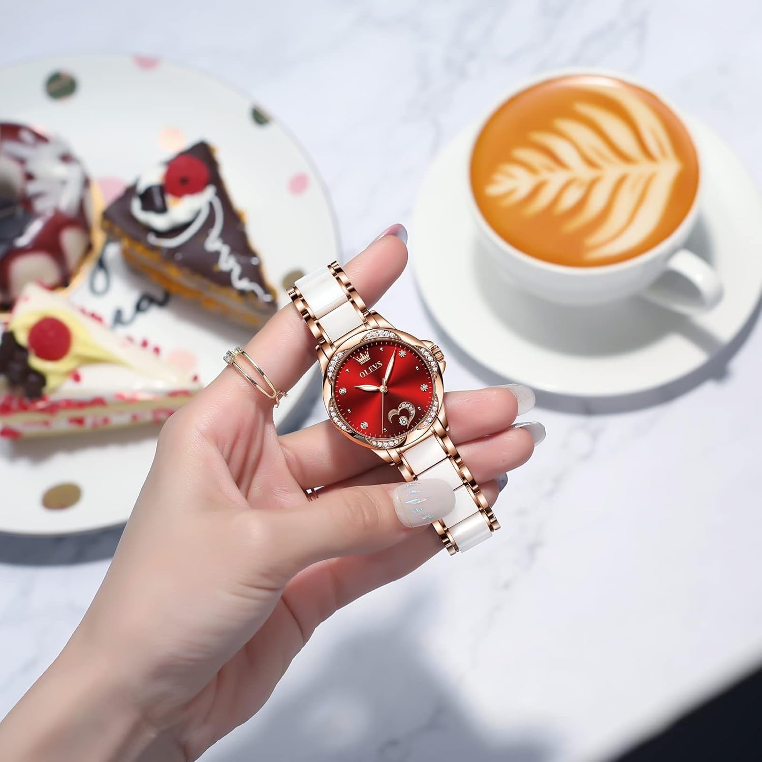 Watch Women,Automatic Watches for Women with Two Tone Stainless Steel Bracelet, Elegent Rose Gold Women'S Watches,Diamond Dress Watches for Women,Blue/Red/White Dial Reloj Para Muje