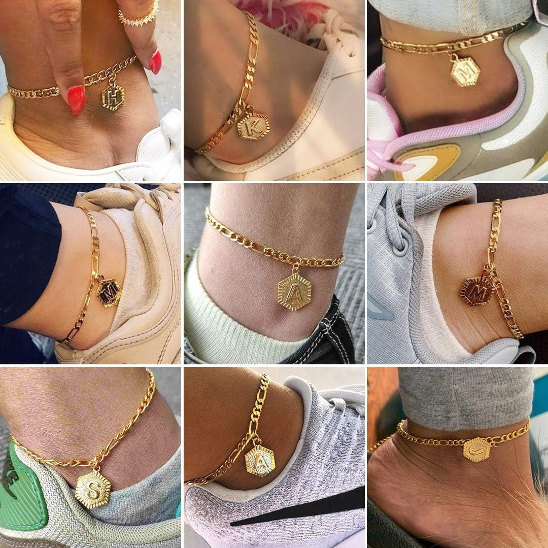14K Gold Plated Initial Ankle Bracelets for Women with Letter K Figaro Cuban Link Anklet Jewelry Gift