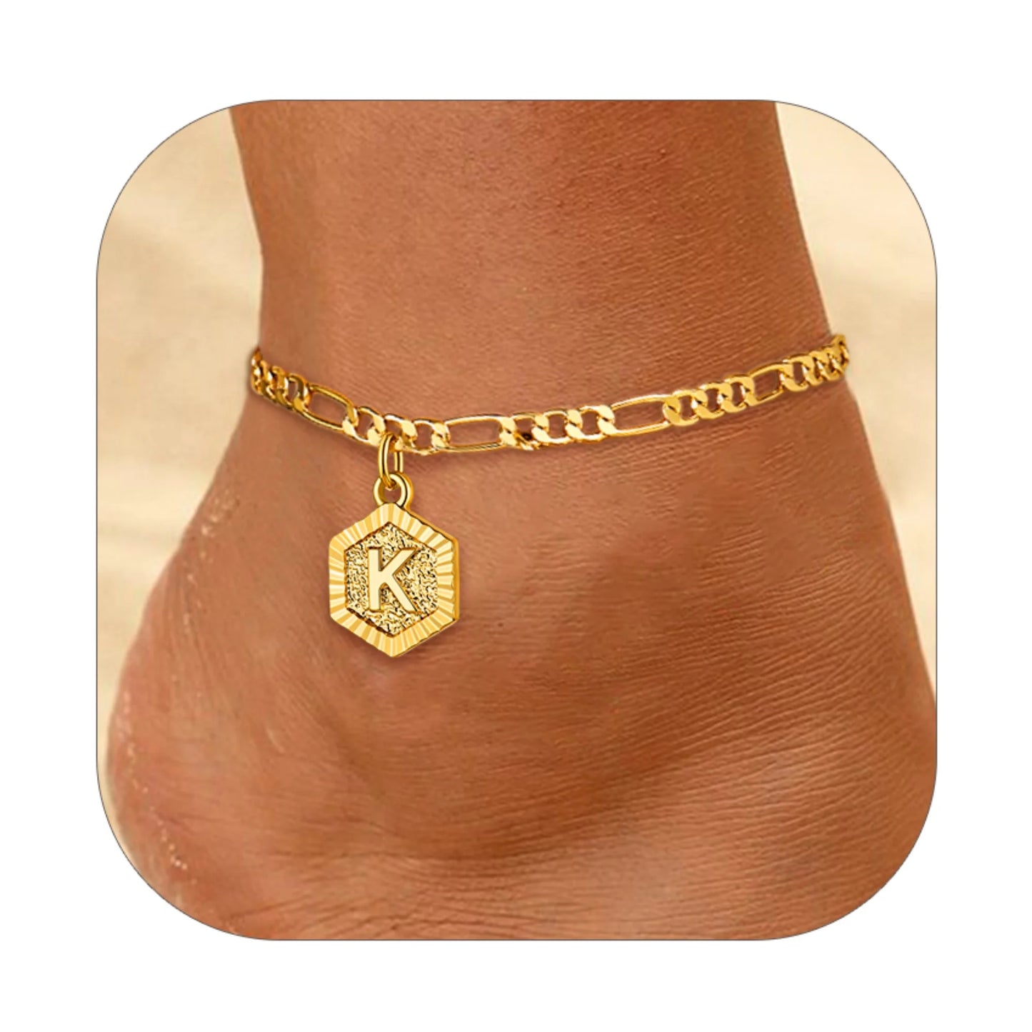 14K Gold Plated Initial Ankle Bracelets for Women with Letter K Figaro Cuban Link Anklet Jewelry Gift