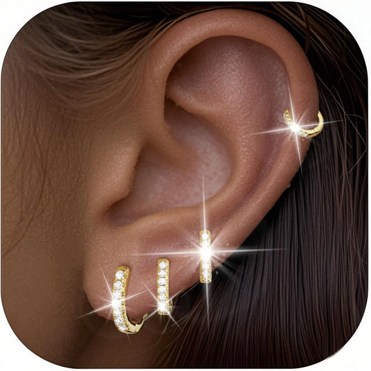 4 Pairs 18K Gold Plated Hoop Earrings for Women Small Huggie Cartilage Post Hypoallergenic Earrings Set for Multiple Piercing Birthday Christmas Jewelry Gifts Teen Mom Adults Stocking Stuffers