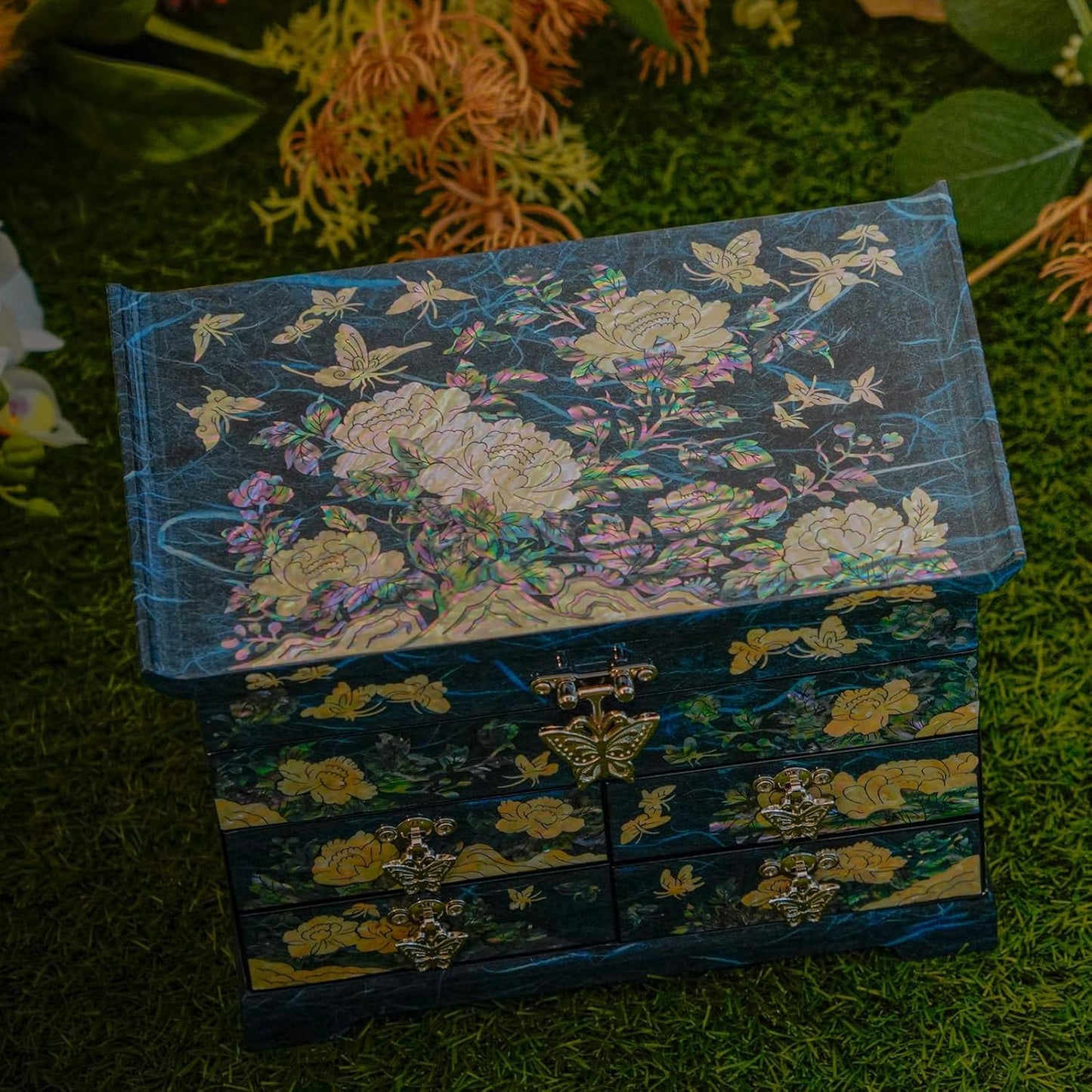 Mother of Pearl Wooden Jewelry Organizer Box – Jewelry Storage Box for Women, Features Spacious Drawers, Ideal for Rings, Bracelets, Watches, Chains, Accessories (Peony_Blue)