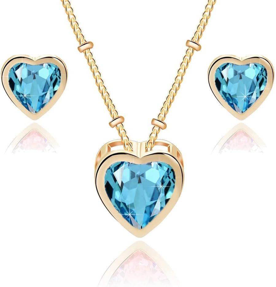 Austrian Crystal Heart Pendant Necklace Earrings for Women 14K Gold Plated Hypoallergenic Jewelry Set