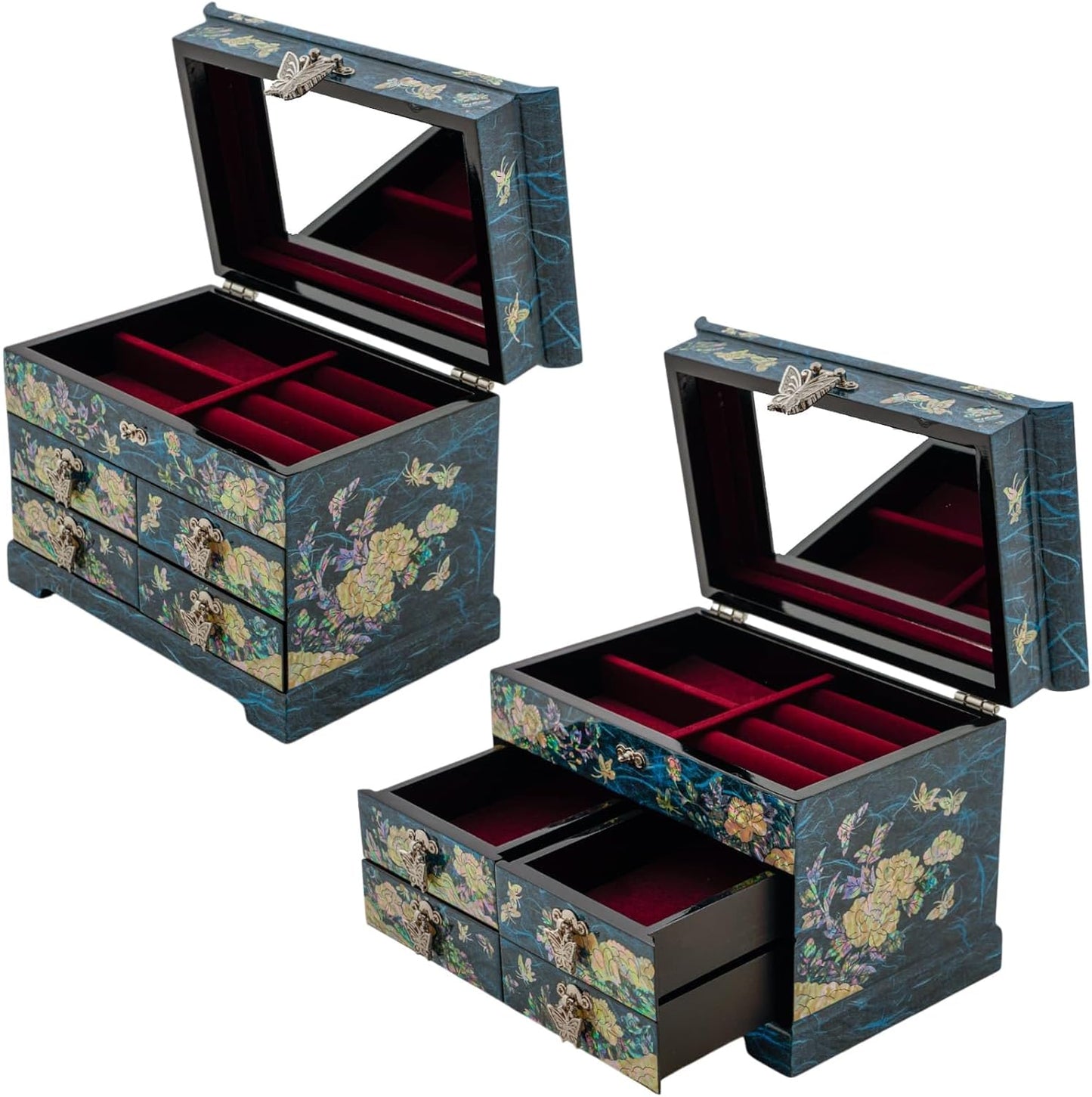 Mother of Pearl Wooden Jewelry Organizer Box – Jewelry Storage Box for Women, Features Spacious Drawers, Ideal for Rings, Bracelets, Watches, Chains, Accessories (Peony_Blue)