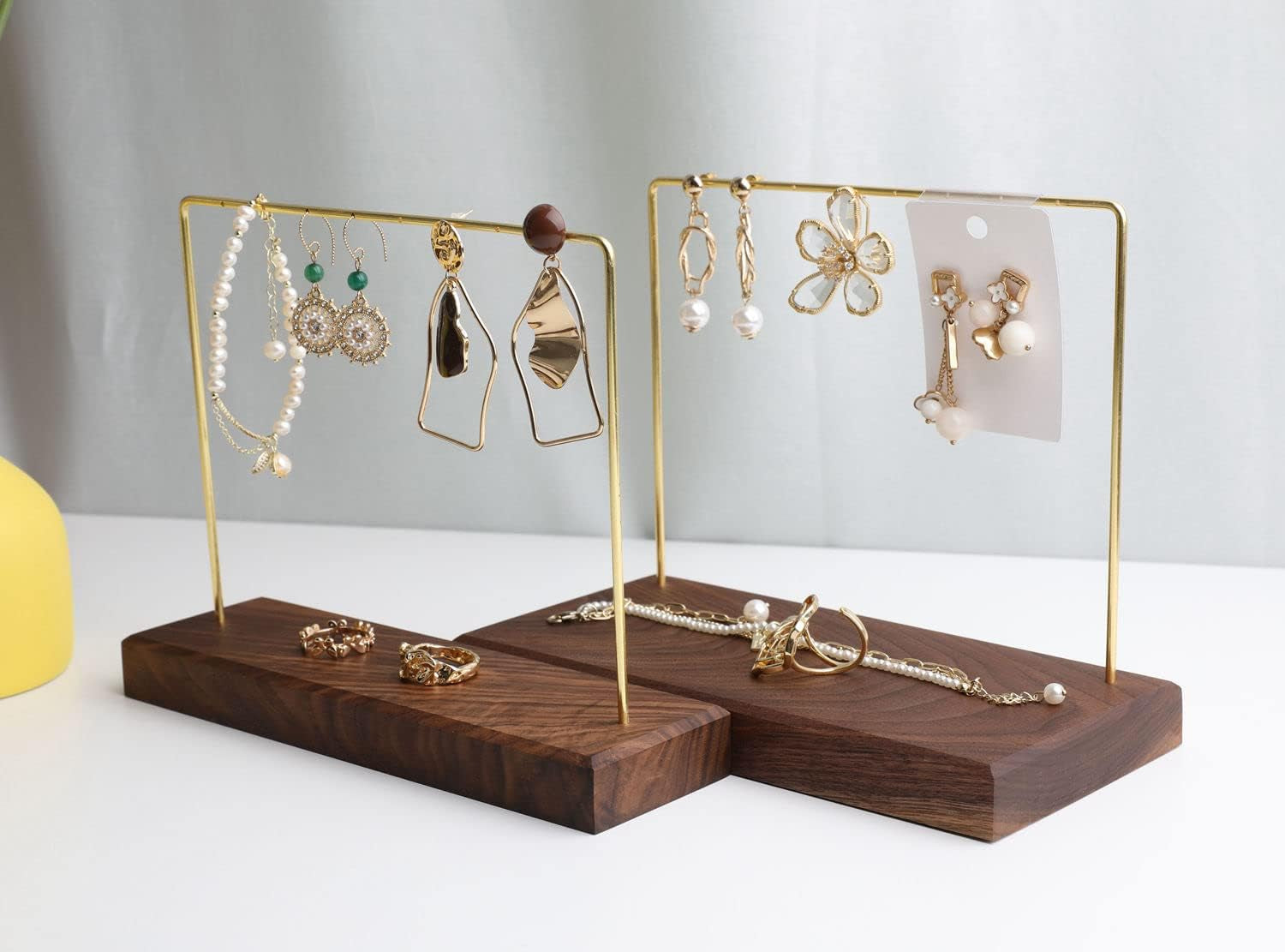 Walnut Earring Holder for Selling, Brass Earring Stands and Displays for Show, Wood Jewelry Storage Hanging Shelf for Girl Woman【Walnut U Shelf Height 5.91"-Small】