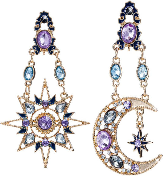 Moon Star Earring with Chain - Moon Earrings Dangle - Sun and Moon Earrings for Women,Gift for Wedding or Daily Wear (Retro Gold)