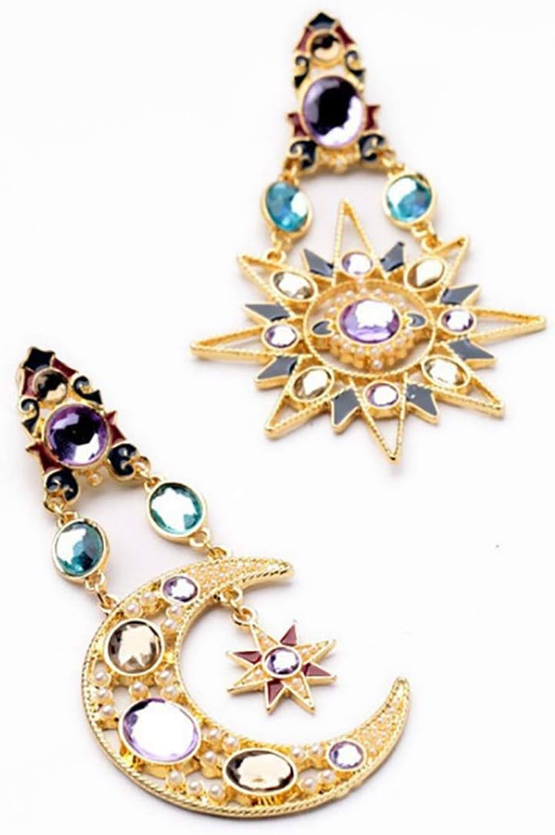 Moon Star Earring with Chain - Moon Earrings Dangle - Sun and Moon Earrings for Women,Gift for Wedding or Daily Wear (Retro Gold)