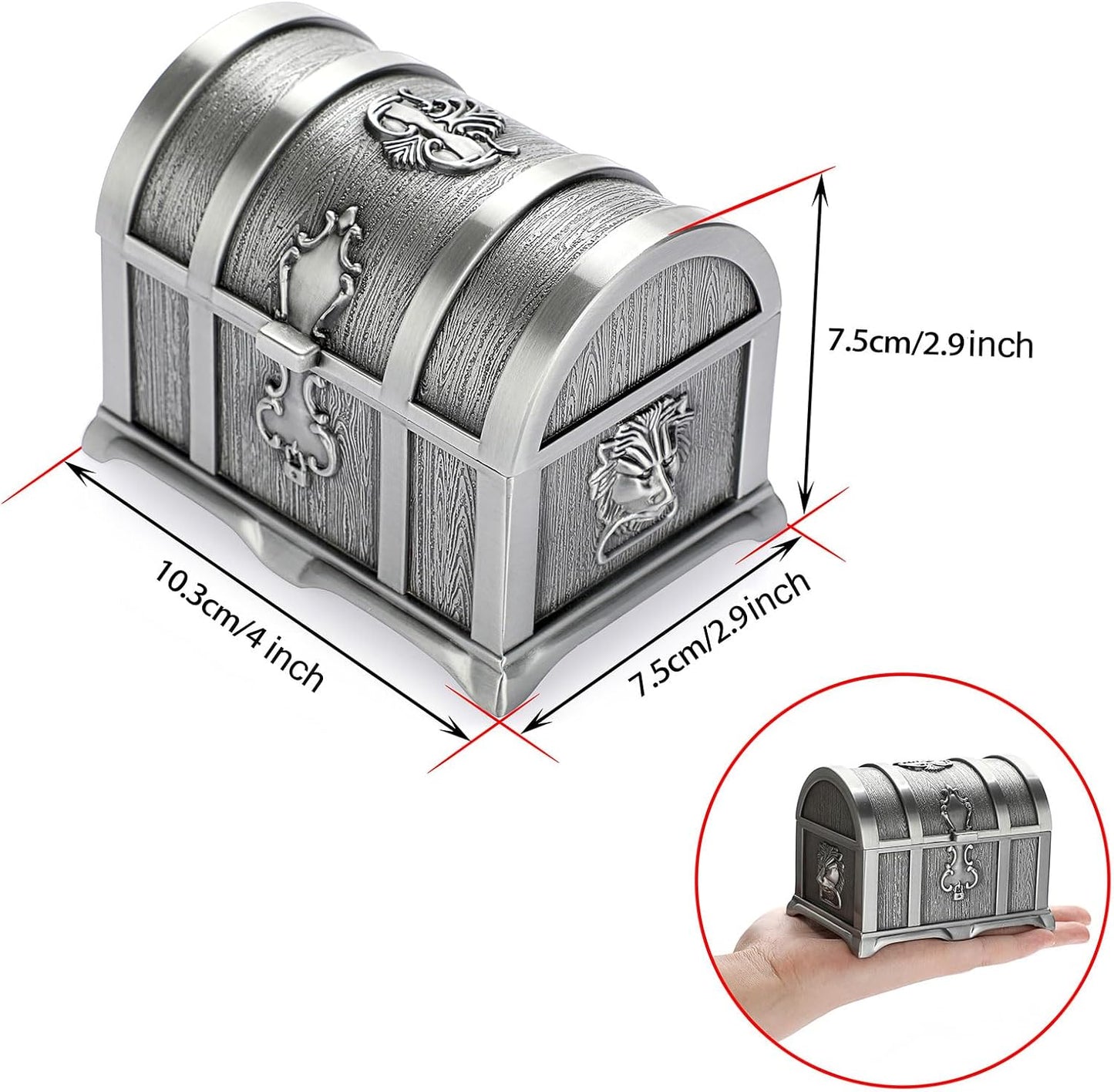 Vintage Metal Jewelry Box Treasure Trinket Chest,Smal Ring Earrings Necklace Keepsake Gift Holder Case for Ladies Women (Small) (Metallic Grey, Medium)