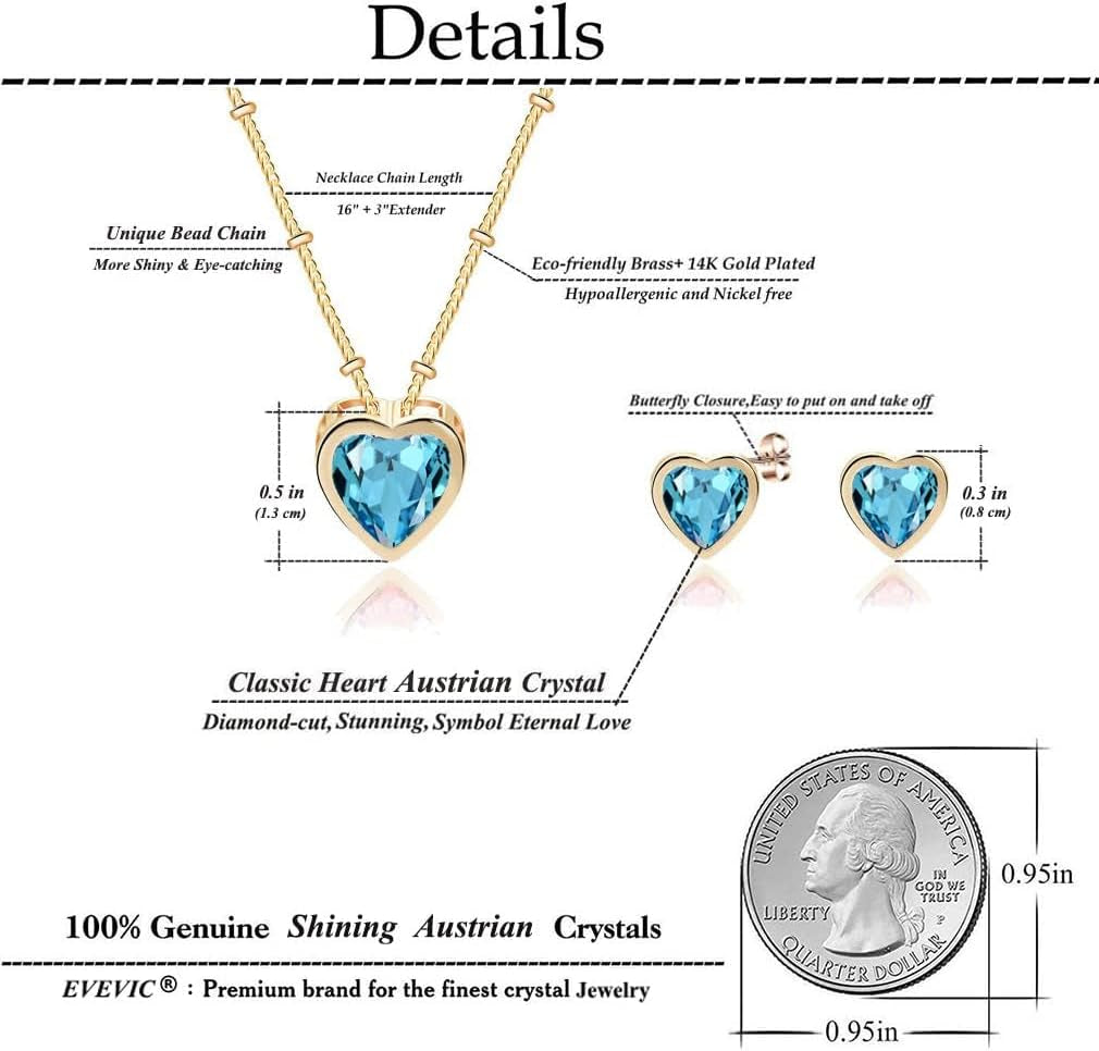 Austrian Crystal Heart Pendant Necklace Earrings for Women 14K Gold Plated Hypoallergenic Jewelry Set