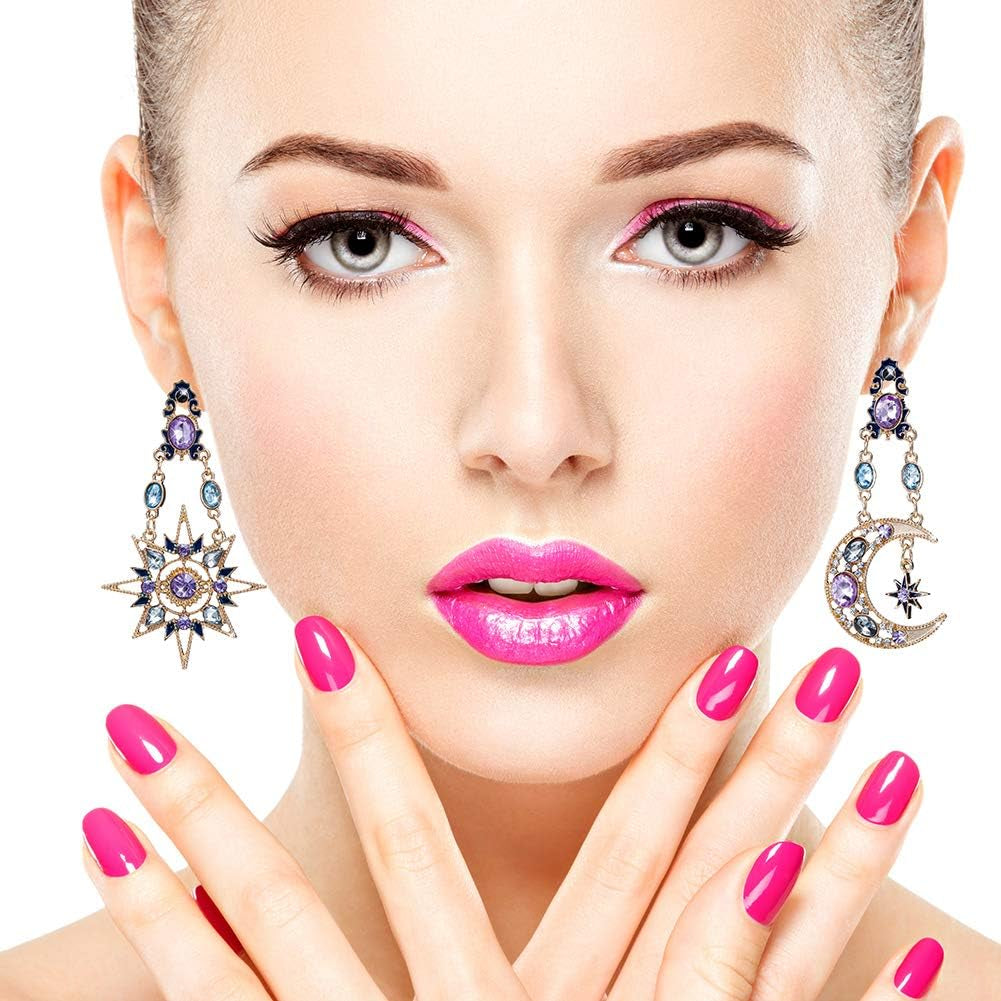 Moon Star Earring with Chain - Moon Earrings Dangle - Sun and Moon Earrings for Women,Gift for Wedding or Daily Wear (Retro Gold)