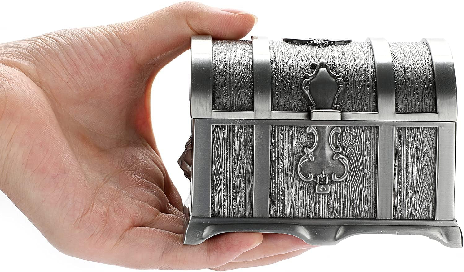 Vintage Metal Jewelry Box Treasure Trinket Chest,Smal Ring Earrings Necklace Keepsake Gift Holder Case for Ladies Women (Small) (Metallic Grey, Medium)