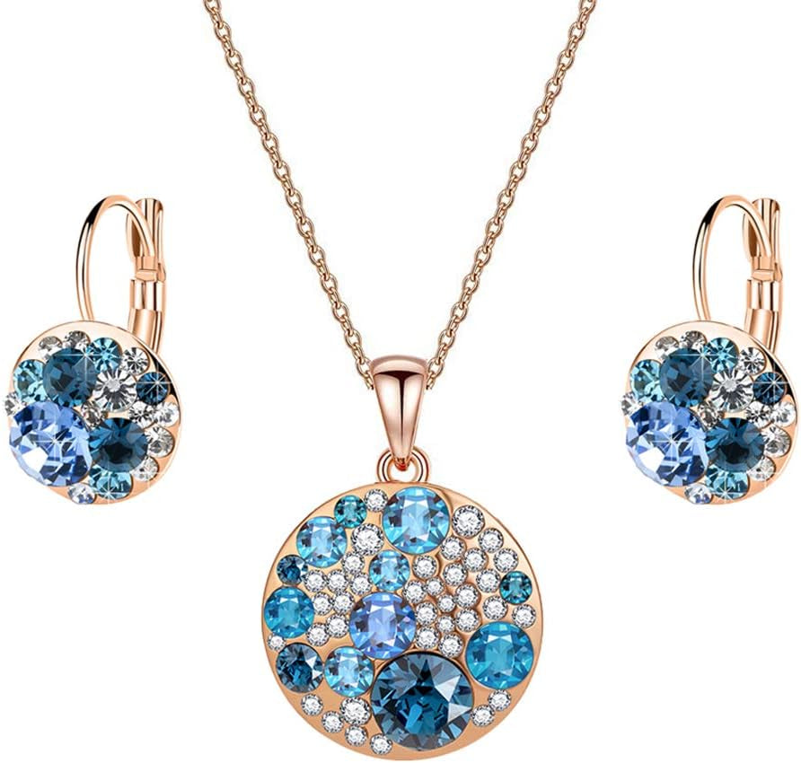 Austrian Crystals round Disc Pendant Necklace Earrings for Women 14K Gold Plated Hypoallergenic Jewelry Sets
