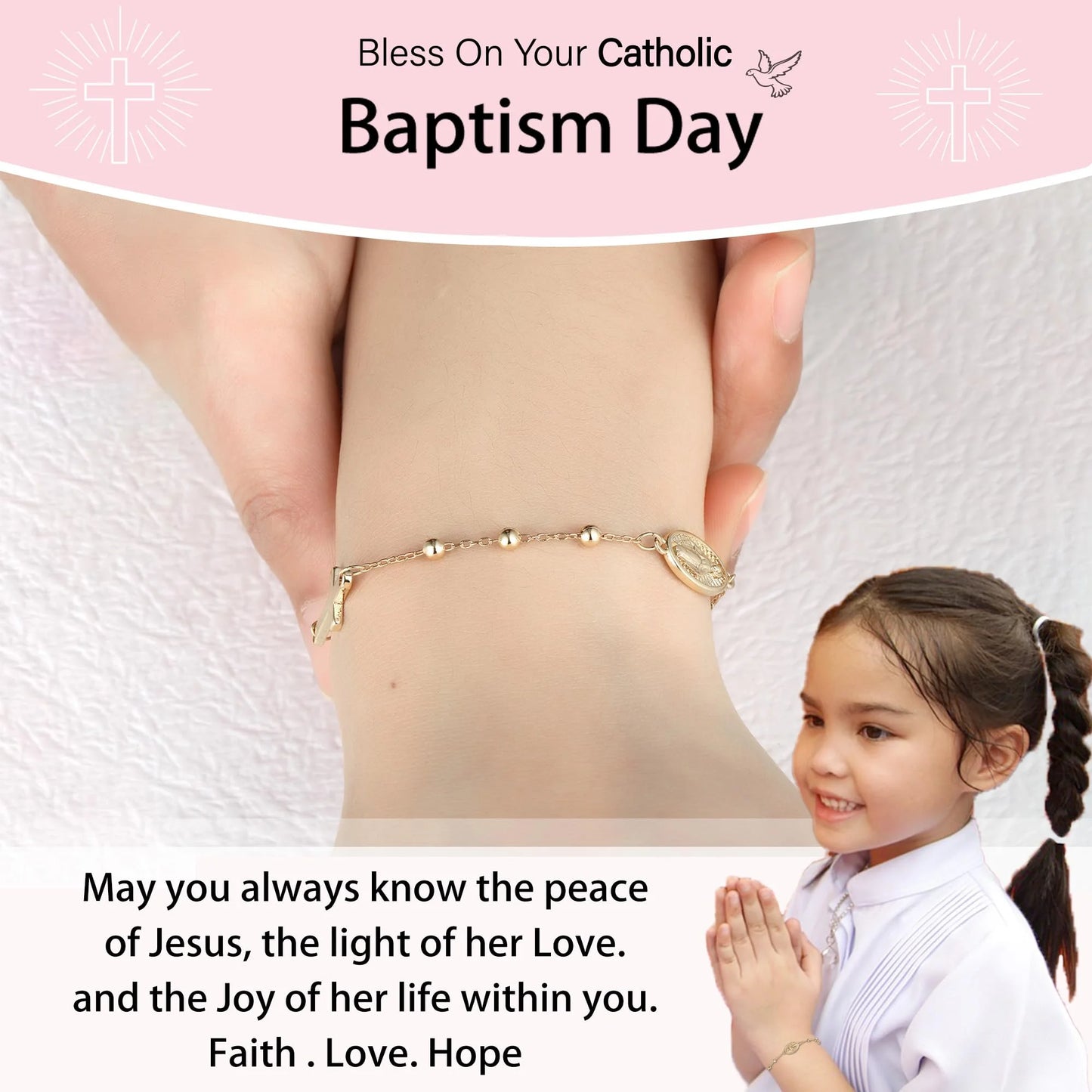 Catholic Baptism Gifts for Kids Girls Women Teen Daughter Granddaughter,Rosary Beads Virgin Mary Chain Charm Gold Cross Bracelet Christian Religious Jewelry Gifts for Girls Women Age
