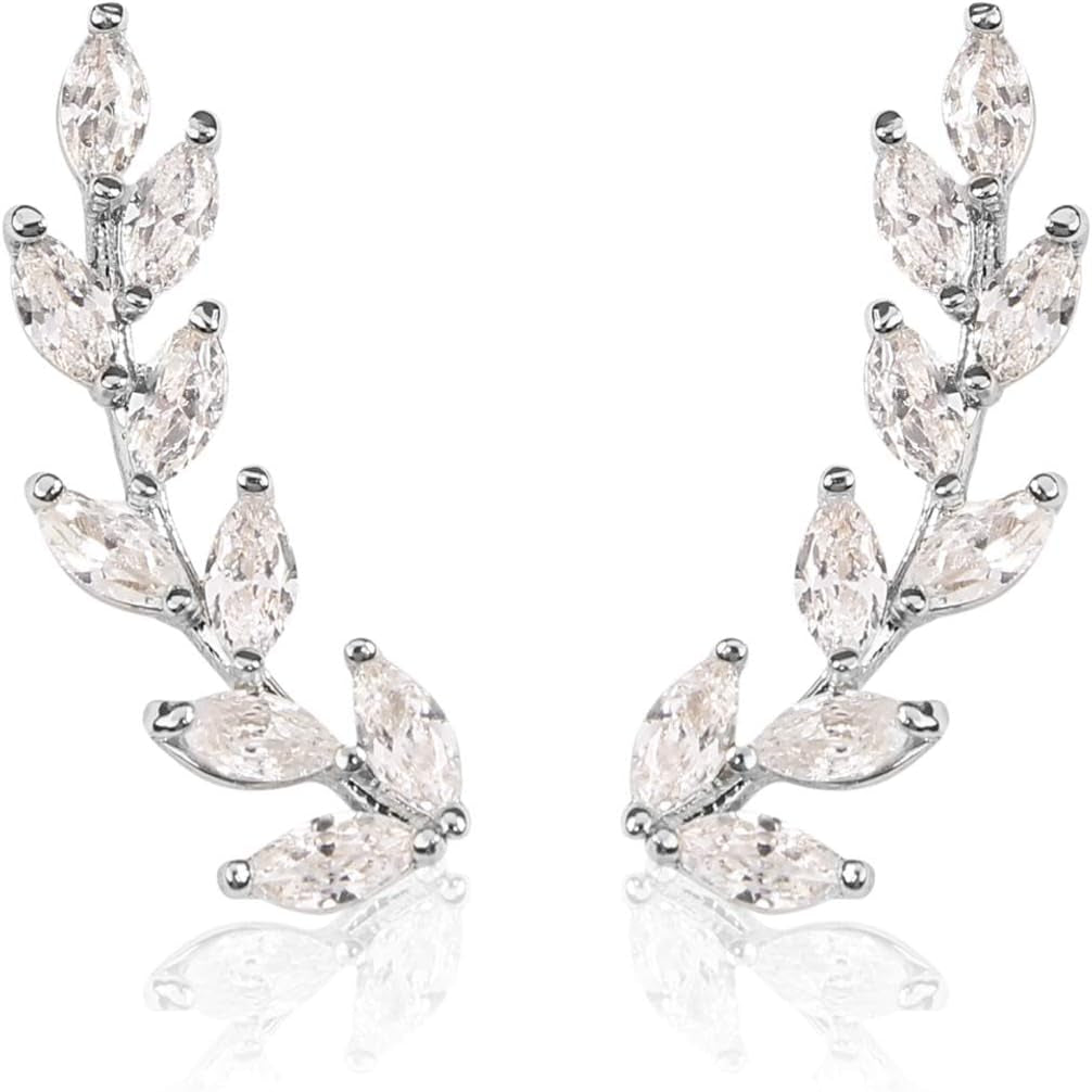 Sparkly Rhinestone Pave Ear Crawler Earrings - Delicate Cubic Crystal Earlobe Cuff Climber Floral Petal, Leaf Branch, Feather, Star, Geometric