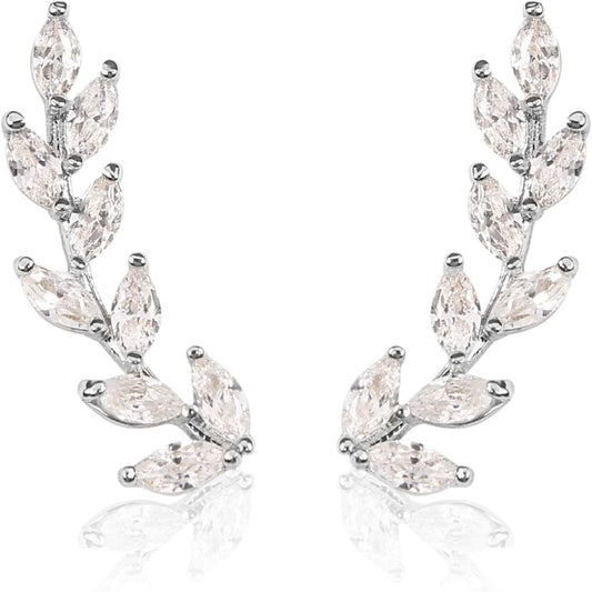 Sparkly Rhinestone Pave Ear Crawler Earrings - Delicate Cubic Crystal Earlobe Cuff Climber Floral Petal, Leaf Branch, Feather, Star, Geometric