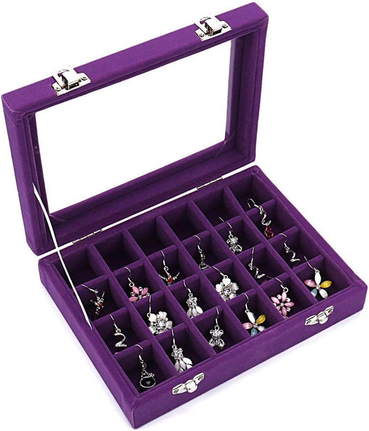 Velvet Earring Jewelry Box - 24 Grid Small Jewelry Earring Organizer Box with Snap Button - Earring Holder for Girls and Teen, Secure and Travel Friendly (Purple)