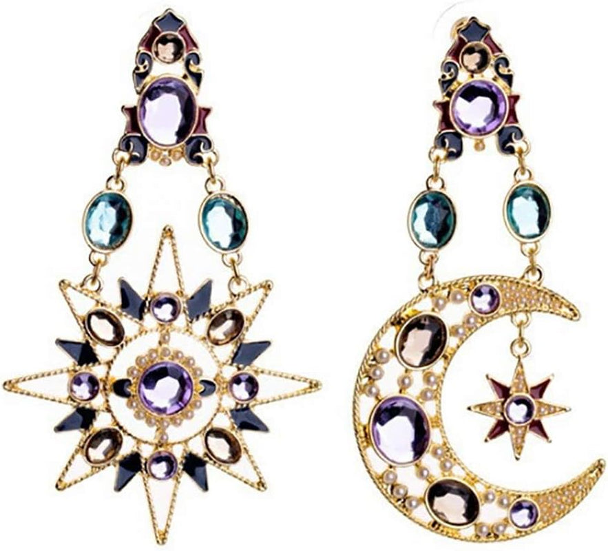 Moon Star Earring with Chain - Moon Earrings Dangle - Sun and Moon Earrings for Women,Gift for Wedding or Daily Wear (Retro Gold)