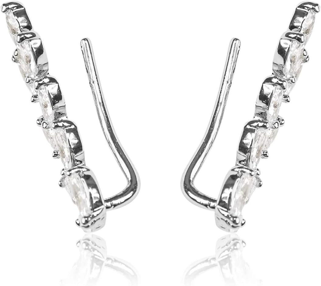 Sparkly Rhinestone Pave Ear Crawler Earrings - Delicate Cubic Crystal Earlobe Cuff Climber Floral Petal, Leaf Branch, Feather, Star, Geometric