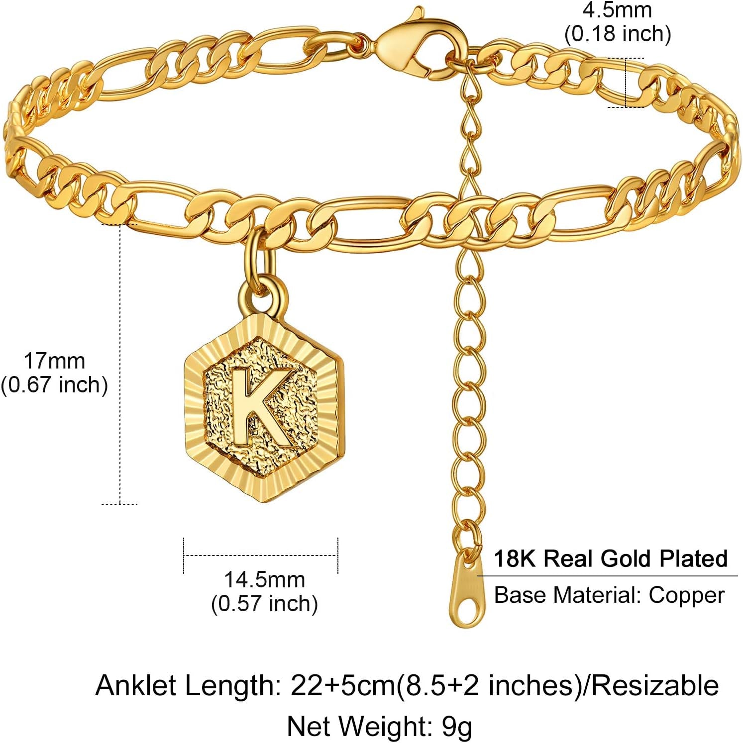 14K Gold Plated Initial Ankle Bracelets for Women with Letter K Figaro Cuban Link Anklet Jewelry Gift