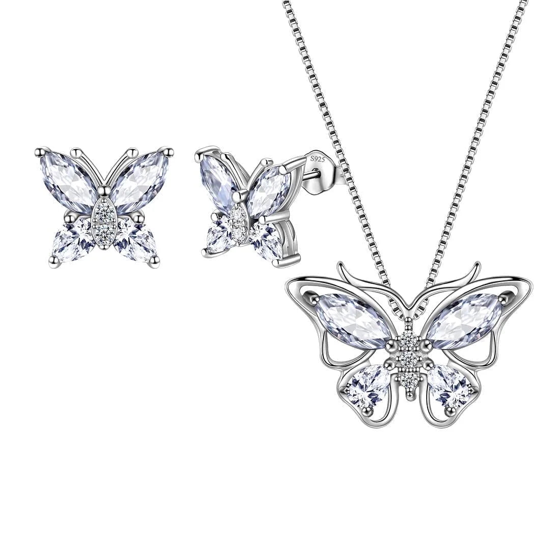 April Birthstone Jewelry Diamond White Butterfly Jewelry Set Fine Necklace Earrings Sterling Silver Women Birthday Wedding Mother'S Day Gifts
