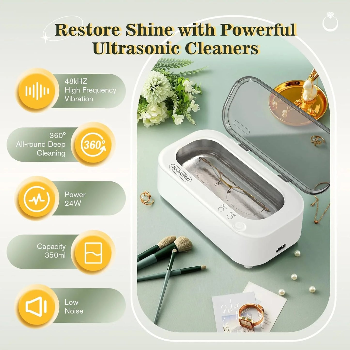 Ultrasonic Jewelry Cleaner, 12Oz 48Khz Professional Ultrasonic Cleaning Machine for Jewelry Eyeglasses Watches Rings