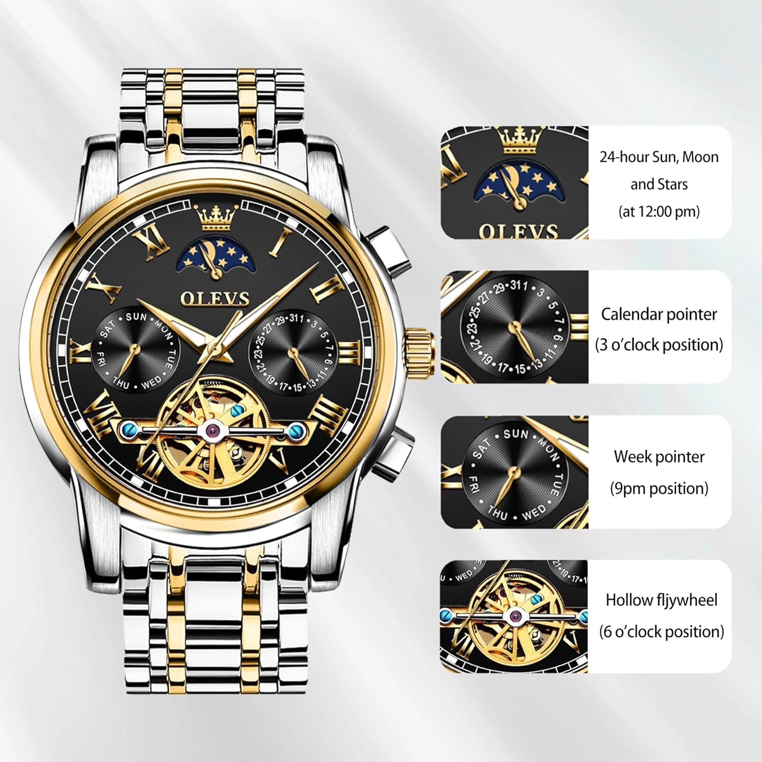 Automatic Mechanical Watches for Men Self Winding Waterproof Stainless Steel Men'S Wrist Watches Luxury Expensive Watch,Adjustable Bracelet (Gift Tool)