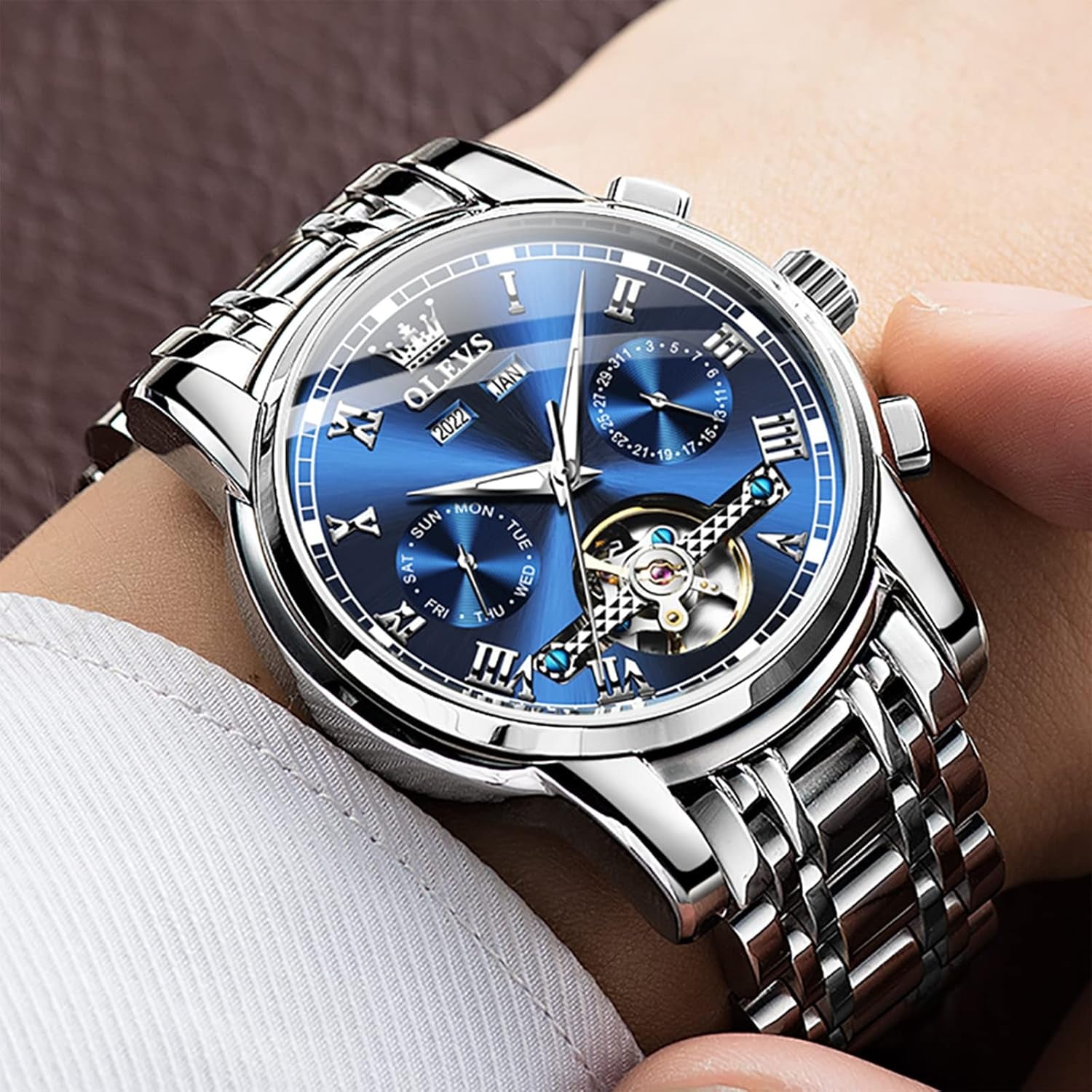 Automatic Watch(No Battery Required) Men'S Wrist Watches Self-Wind Mechanical Watches Fashion Classic Tourbillon Skeleton Watch Black Blue Green Face,Adjustable Bracelet (Gift Tool)