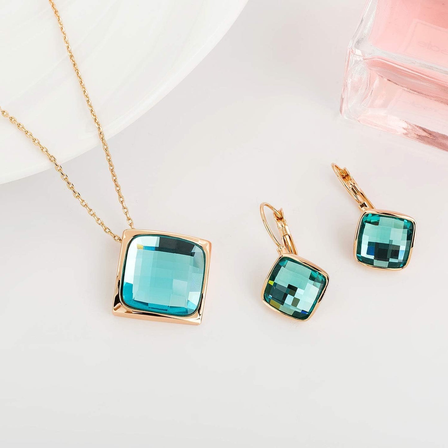 Square Austrian Crystal Necklace Earrings for Women Fashion 18K Gold Plated Hypoallergenic Jewelry Set